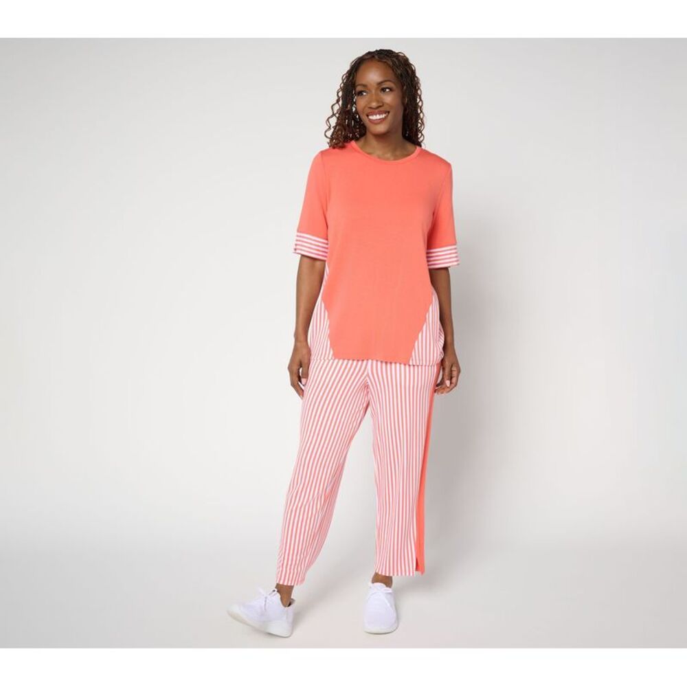 Top Knot Women's Petite Set PXL Mixed Stripe Elbow Sleeve Ankle Pant Pink